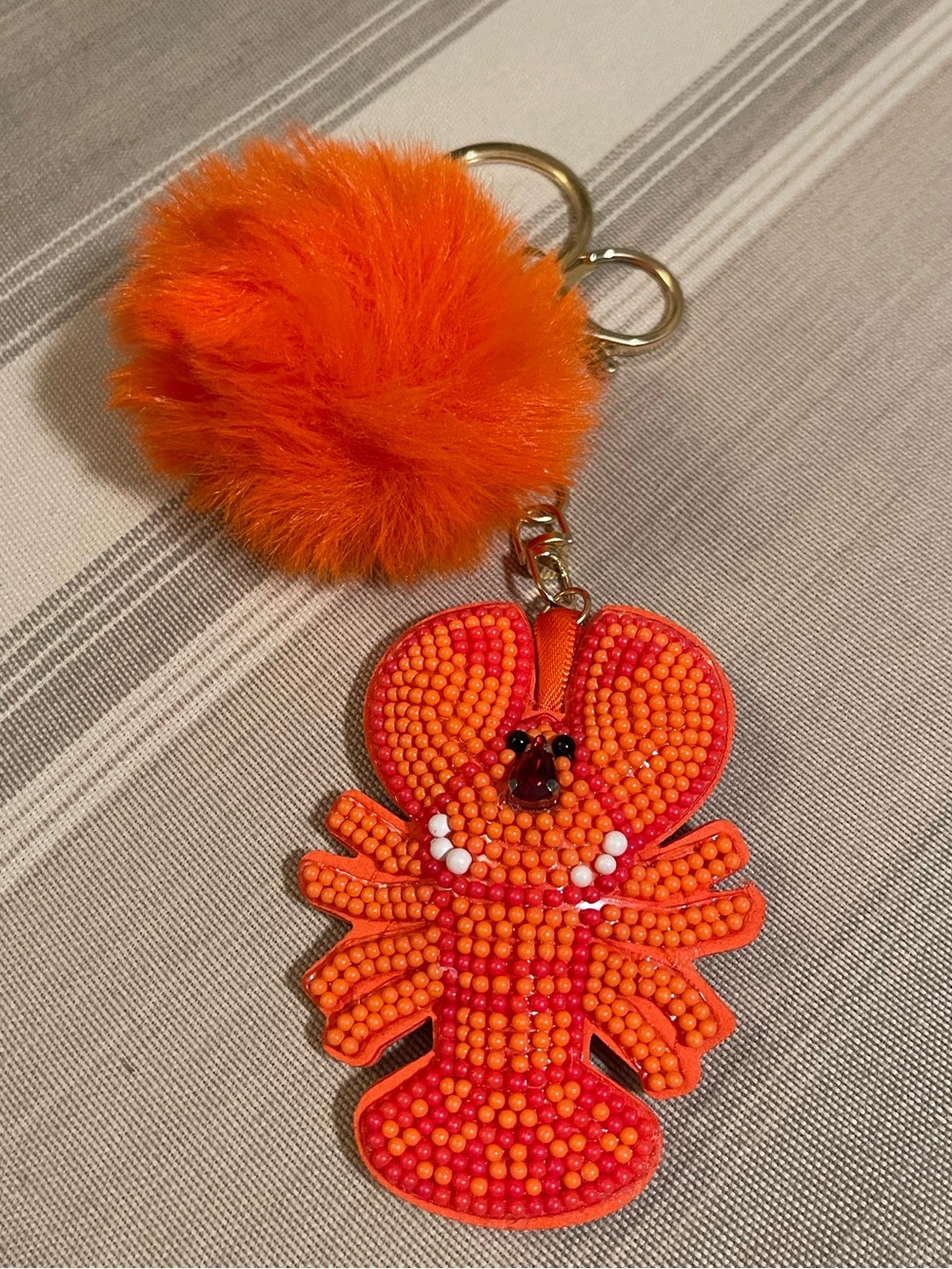 Orange Beaded Lobster Keychain with Pom-Pom by